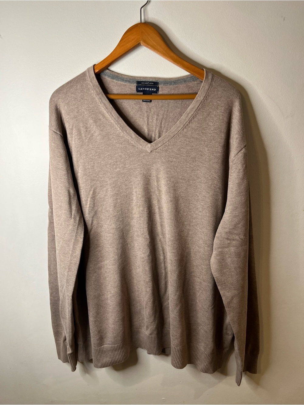 Lands' End V-Neck Sweater in Light Taupe 100% Supima Cotton Men’s 2XLT